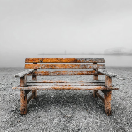 A simple wooden bench on the side of an empty square, with white fog in front of and behind it. The style is minimalist, with a product photography aesthetic. The image has a large aperture, a gray background, and a white sky. The overall look is clean and minimalist, with high resolution, high detail, and high contrast. The image has a high level of graininess. The view is from the front, and no one is sitting on the bench. --chaos 30 --stylize 750 --v 7 Job ID: 8a4eac49-5144-453d-b53d-38c2fb375e5dの素材