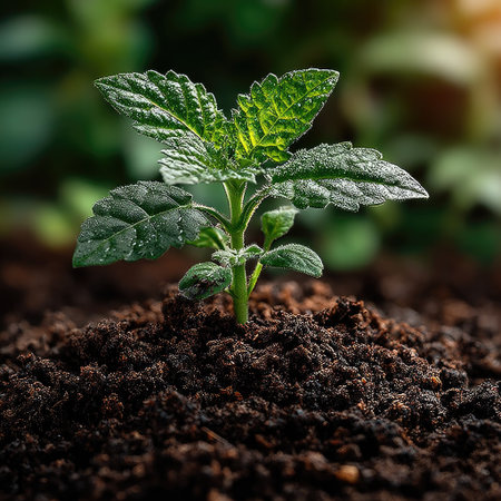 A single sprout growing from the rich soil, surrounded by lush greenery and sunlight, symbolizing new life and growth in nature's cycle of renewal. The background is blurred to emphasize the focus on springtime plant life, with space for promoting environmental protection and eco-friendly products. High-resolution photography, with insanely detailed, fine details, in the style of a stock photo. --chaos 30 --stylize 750 --v 7 Job ID: 5e884be1-f900-425c-9020-606d1142d4afの素材