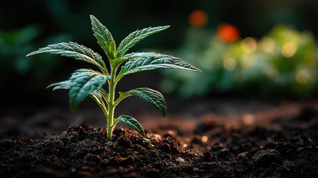 A single sprout growing from the soil, with sunlight shining on it and a green background. The seedling is delicate in shape, surrounded by rich black organic soil. Sunlight shines through the leaves of the tree to illuminate its body. This scene symbolizes new life and growth. High-resolution photography. --ar 16:9 --quality 2 --stylize 750 --v 7 Job ID: cdfb2eb5-cd79-4a2d-a890-9ac701dceb75の素材