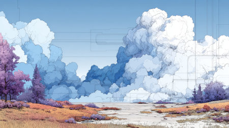 A simple vector logo featuring two purple clouds against a white background, with a purple and blue gradient. The clouds have a simple outline, and there is light gray grass on the ground. In front of the clouds are a few glass tubes that form an abstract representation of data flow from one side to the other. The design has a white background, with no shadows and ample white space around the design elements, in a 2D flat illustration style. The image is high resolution, with no black border and high detail, for a game art style. --chaos 20 --ar 16:9 --stylize 750 --v 7 Job ID: 8760ad47-a309-478a-80e9-0b0ff516b6feの素材