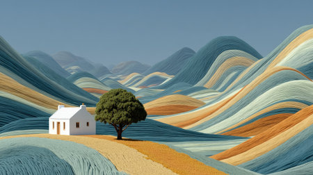 A small house on top of the green hill, surrounded by undulating hillsides, in the style of a minimalist landscape style, with a vibrant stage background, minimalist backgrounds, and high-definition images. The white roof contrasts with the lush grassland, creating an elegant scene. A tree stands tall in front of it. --ar 16:9 --quality 2 --stylize 750 --v 7 Job ID: e2bc1a49-d53e-487b-954a-6f494adcb1a9の素材