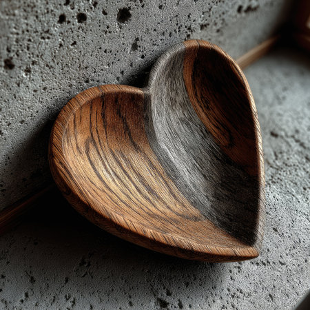 A simple heart-shaped wooden plate, placed on the clean concrete wall with an empty space above it. The wood has a natural grain and texture, giving off warm tones. It is a minimalist design that embodies simplicity in form yet depth of meaning through its geometric shape. This artwork can symbolize love or affection. --chaos 30 --stylize 750 --v 7 Job ID: e6153052-51bd-47bd-a07c-6745a9d0af21の素材