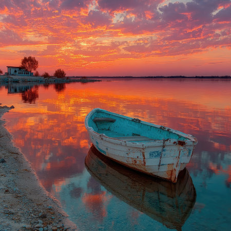 A small boat in the middle of a calm body of water, the reflection of a sunset sky, beautiful and vibrant colors. High-definition photography. --chaos 30 --stylize 750 --v 7 Job ID: 06b50e57-0f37-4ed1-8997-e3039ad5488eの素材