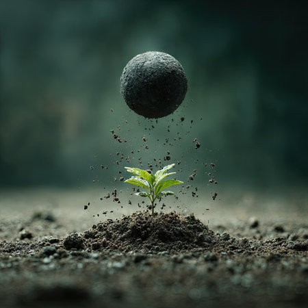A small, lush green plant is sprouting from the ground, with water droplets suspended in mid-air above it. A black sphere is floating above the dirt. The dark and green background serves to highlight the objects being featured --chaos 30 --stylize 750 --v 7 Job ID: c97cf53c-0553-4790-93aa-571cd313cc1cの素材