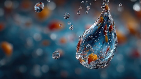 A single water droplet floating in the air, with a blue background and blurred lights. The focus is on the raindrop, which has intricate details and reflections of light around it. There's an atmosphere of calmness and serenity, as if you were looking at nature through misty glass. This could be a banner design with a copy space area for text. --chaos 20 --ar 16:9 --stylize 750 --v 7 Job ID: 489716cb-2605-4a67-8dfc-e6abaa34f35cの素材