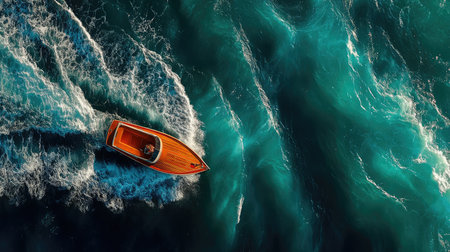A small orange speedboat with white waves behind it on black water, smoke coming from the back of the boat, drone shot, minimalist, dark blue background, overhead view, hyper-realistic photography. --ar 16:9 --quality 2 --stylize 750 --v 7 Job ID: 83ec66a8-ca36-4015-a934-9be8fdbae637の素材