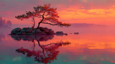 A serene lake with foggy reflections, a single pine tree on an island in the center of the frame, a pastel sky, and a purple, pink, and blue gradient water, creating a tranquil nature scene with a calming effect, in the style of digital art. --ar 16:9 --quality 2 --stylize 750 --v 7 Job ID: e301e4b9-8d2d-4acf-891f-0cb1c83444fbの素材