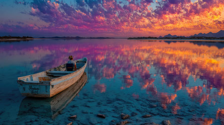 A small boat in the middle of calm water, reflecting the sky at sunset. The colors are vibrant and vivid against the blue background. There is no land visible on either side of it. It's a peaceful scene with warm hues of pink, orange, yellow, and purple in the sky. In front of you, there's a beautiful reflection of the setting sun in the lake, creating an enchanting atmosphere. This photo was taken in the style of photographer Richard Misrach using a Sony Alpha A7 III camera with a panoramic lens. --ar 16:9 --quality 2 --stylize 750 --v 7 Job ID: 2f625b33-9c56-4adf-b386-4757fc0e5634の素材