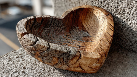 A simple heart-shaped wooden dish, resting on the wall with its edge slightly raised above it. The background is concrete, and there are no other elements in sight. --chaos 20 --ar 16:9 --stylize 750 --v 7 Job ID: dcb4e085-b907-4fe5-95c4-4b1502cf0509の素材