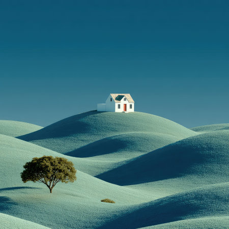 A small house on top of the green hill, minimalist landscape style, smooth lines, white and light blue, green grassland background, bright sunshine, high-resolution photography, wide-angle lens perspective, pure colors, tranquil atmosphere. The small house stands tall against the backdrop of rolling hills, with lush trees casting shadows in its surroundings. --chaos 30 --stylize 750 --v 7 Job ID: dc0e4f3a-8a9b-4d32-97a8-a394ea8c2369の素材