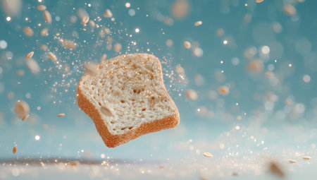 A slice of bread in mid-air, surrounded by flying oat piecesの素材