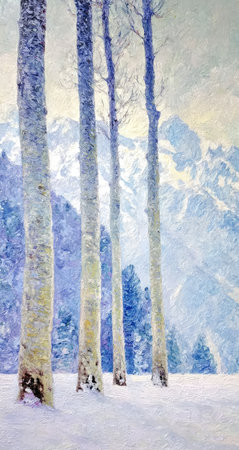 Winter landscape with snow-covered trees and mountainsの素材