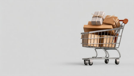 Miniature shopping cart filled with various wrapped gifts and boxesの素材