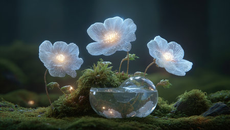 Glowing flowers in a mossy forestの素材