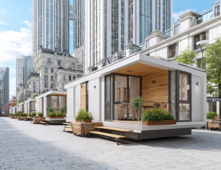 Modern tiny homes line city streetの素材