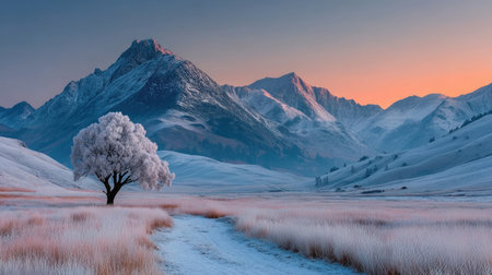 Snowy mountain vista, frosted treeの素材