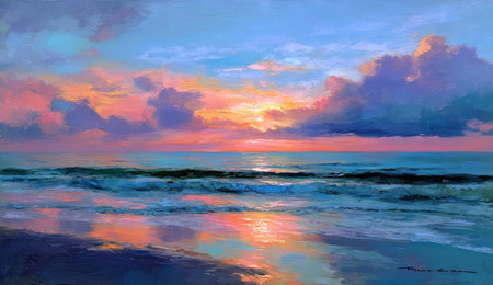 Coastal sunrise, vibrant colors, soft wavesの素材