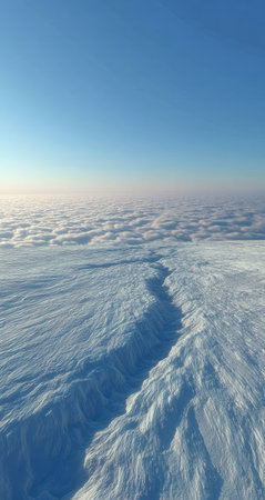 High-altitude view of a vast snowy landscape with a deep canyonの素材