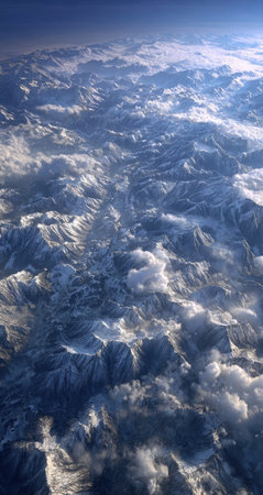 High-angle view of snow-capped mountain ranges, covered in cloudsの素材