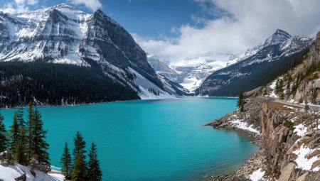 Turquoise lake nestled in snow-capped mountainsの素材