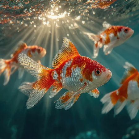 A school of orange fish swimming in the water, blue background, sunlight rays, wide shot, hyper-realistic photography. --chaos 30 --stylize 750 --v 7 Job ID: 7186c666-ce9a-4c8f-9f32-af040dcada71の素材