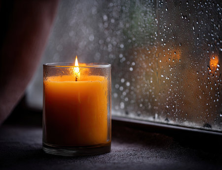 Warm candle flame on rainy windowの素材