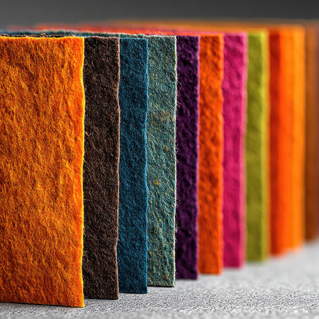 A row of hand-dyed paper swatches in various colors, including orange and pink hues, is neatly arranged on the right side of an isolated white background. The focus is set at eye level to highlight the texture and coloration of each piece, with soft lighting casting gentle shadows across them. This artistic presentation emphasizes their diversity while maintaining simplicity and clarity for designers or artists looking for inspiration. --chaos 30 --stylize 750 --v 7 Job ID: db9bb379-ca78-40fe-8ea5-949153a2b887の素材