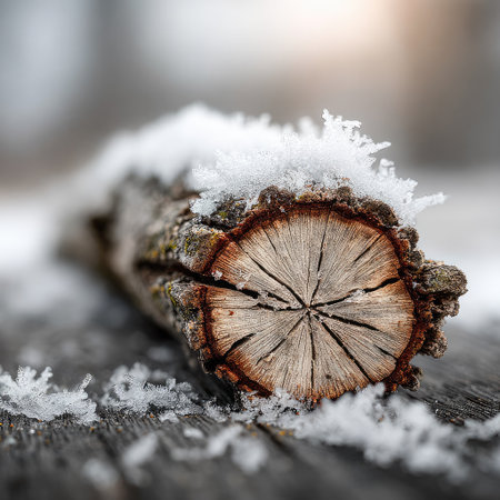 A round log is covered with snow in the forest, macro photography, in the style of Nikon D850, with white and brown tones, pure background, centered composition, blurred foreground, low angle view, cold winter scenery. The wooden board lies on its side, with a dark gray color tone and a blurred focus. A small amount of ice crystals can be seen around it. --chaos 30 --stylize 750 --v 7 Job ID: 47428b03-26d0-46d7-a612-3f152d291a45の素材