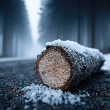 A round log is covered with snow in the forest, macro photography, in the style of Nikon D850, with white and brown tones, pure background, centered composition, blurred foreground, low angle view, cold winter scenery. The wooden board lies on its side, with a dark gray color tone and a blurred focus. A small amount of ice crystals can be seen around it. --chaos 30 --stylize 750 --v 7 Job ID: 47428b03-26d0-46d7-a612-3f152d291a45の素材