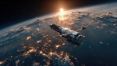 A satellite in space above the Earth, shining with light from its solar panels. --chaos 20 --ar 16:9 --stylize 750 --v 7 Job ID: adcf7255-447f-45b8-bef7-6f32cd65d6e4の素材