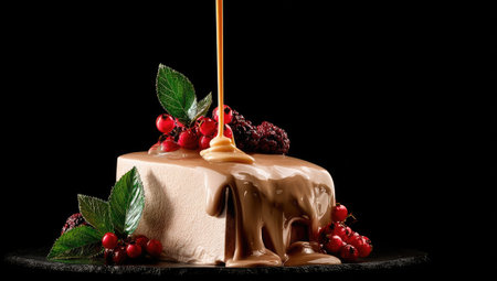 Caramel-drizzled chocolate cake slice with berries and mintの素材