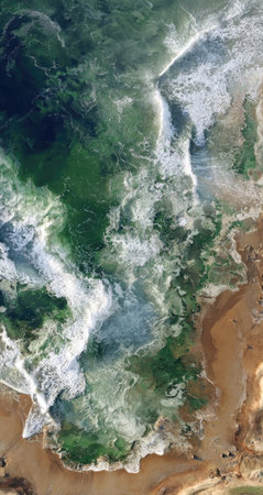 Aerial view of coastal waves and landの素材