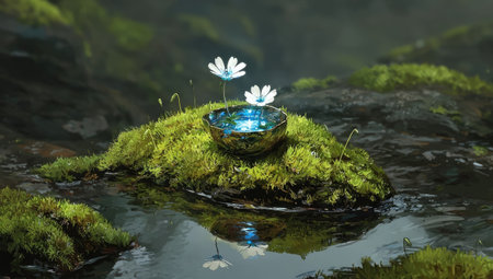 Small bowl, glowing blue, mossy rock, wildflowersの素材
