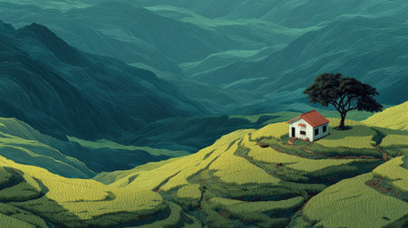 A small house on top of the green hill, surrounded by undulating hillsides, in the style of a minimalist landscape style, with a vibrant stage background, minimalist backgrounds, and high-definition images. The white roof contrasts with the lush grassland, creating an elegant scene. A tree stands tall in front of it. --ar 16:9 --quality 2 --stylize 750 --v 7 Job ID: e2bc1a49-d53e-487b-954a-6f494adcb1a9の素材