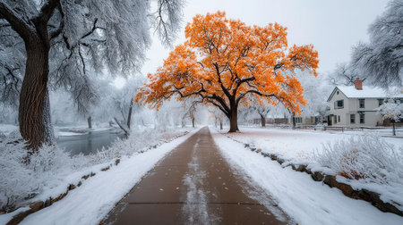 A serene winter landscape in the park, with snow-covered trees and paths leading to an orange tree standing out against the white background. The photo captures the peacefulness of nature after a fresh snowfall, creating a perfect backdrop for commercial photography. Shot with a Nikon D850 DSLR camera and an ultra-wide-angle lens at an f/4 aperture setting, the result is high-resolution photography. --ar 16:9 --quality 2 --stylize 750 --v 7 Job ID: 8f318c38-4750-4f6d-b793-8d3edbd8d131の素材