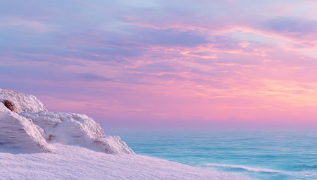 Snowy cliff overlooking a tranquil ocean at a pastel sunsetの素材