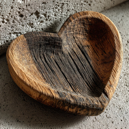 A simple heart-shaped wooden plate, placed on the clean concrete wall with an empty space above it. The wood has a natural grain and texture, giving off warm tones. It is a minimalist design that embodies simplicity in form yet depth of meaning through its geometric shape. This artwork can symbolize love or affection. --chaos 30 --stylize 750 --v 7 Job ID: e6153052-51bd-47bd-a07c-6745a9d0af21の素材