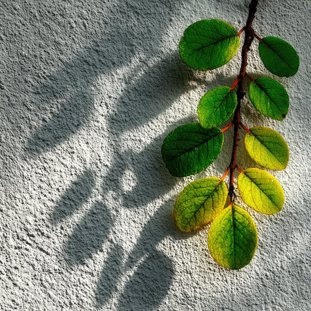 A serene white wall with a sunlit, green leafy branch casting dappled shadows on the surface, creating an atmosphere of tranquility and nature-inspired beauty. The background is plain for text or product display, and the focus is on the lush leaves against the clean backdrop. This scene evokes natural elegance in a minimalist setting. --chaos 30 --stylize 750 --v 7 Job ID: fd6cec84-e97c-414c-b6d1-2d0365ab0a17の素材