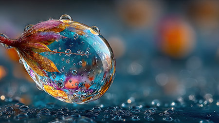 A single water droplet floating in the air, with a blue background and blurred lights. The focus is on the raindrop, which has intricate details and reflections of light around it. There's an atmosphere of calmness and serenity, as if you were looking at nature through misty glass. This could be a banner design with a copy space area for text. --chaos 20 --ar 16:9 --stylize 750 --v 7 Job ID: 489716cb-2605-4a67-8dfc-e6abaa34f35cの素材