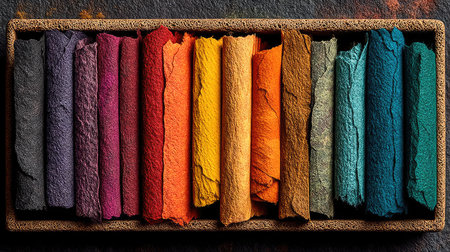 A set of hand-dyed paper swatches in various colors, showcasing the variety and beauty of each color on textured papers. The colors range from deep purples to bright oranges, with shades that blend seamlessly between hues. Each piece is carefully arranged side by side for easy comparison, offering an immersive experience where you can see how these colorful paper samples convey their unique aesthetic essence. --ar 16:9 --quality 2 --stylize 750 --v 7 Job ID: b8eecae1-f8ee-497c-b12c-4b7c9aed51eaの素材