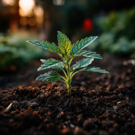 A single sprout growing from the rich soil, surrounded by lush greenery and sunlight, symbolizing new life and growth in nature's cycle of renewal. The background is blurred to emphasize the focus on springtime plant life, with space for promoting environmental protection and eco-friendly products. High-resolution photography, with insanely detailed, fine details, in the style of a stock photo. --chaos 30 --stylize 750 --v 7 Job ID: 5e884be1-f900-425c-9020-606d1142d4afの素材