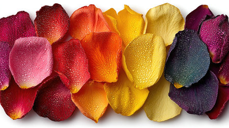 A row of rose petals in various colors on a white background, with the first one being shades of pink and orange, the second in light yellow or cream tones, and then several more in different hues such as dark reds and pinks. --ar 16:9 --quality 2 --stylize 750 --v 7 Job ID: db67dde1-ee94-4510-a1ac-4940e1527cd1の素材