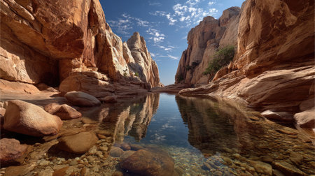 A small pool of water in the middle, sand on both sides and at one end, surrounded by cliffs, overlooking Angle. This is a real photography style, high-definition image quality, depicting a desert scene with an ultra-wide-angle lens perspective. --ar 16:9 --quality 2 --stylize 750 --v 7 Job ID: 2c6b10c9-63b1-4276-9977-7843bd884116の素材
