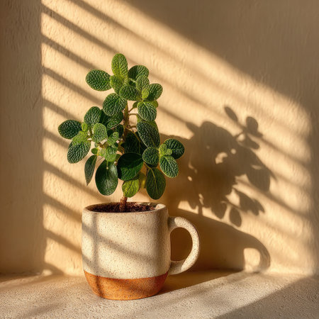 A small potted plant on an empty white mug on the table, with light and shadow creating geometric patterns on the wall behind it. The background is a clean beige, creating soft tones. Minimalist style, product photography, bright environment, high resolution, high detail, high quality. --chaos 30 --stylize 750 --v 7 Job ID: 81244835-68d6-477f-9bbc-587033b78c7aの素材