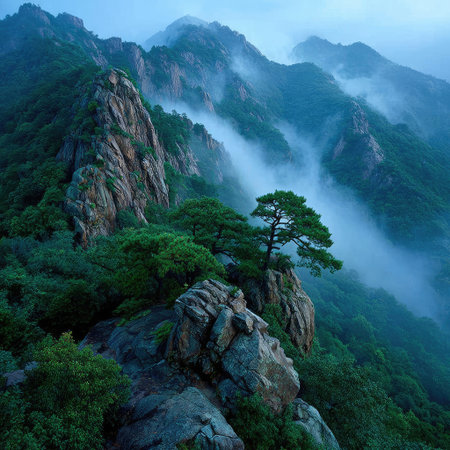 A small pine tree atop the mountain, surrounded by clouds and mist in high-definition photography. The distant view is vast, with green mountains in between, creating an epic atmosphere. In front of it stand tall cliffs, shrouded in fog. A large cairn sits atop one of these rocks, adding to its majestic presence. This scene captures magnificent natural scenery, showcasing breathtaking landscapes. --chaos 30 --stylize 750 --v 7 Job ID: 5298af80-57ca-462c-8243-38b7e98b72d5の素材