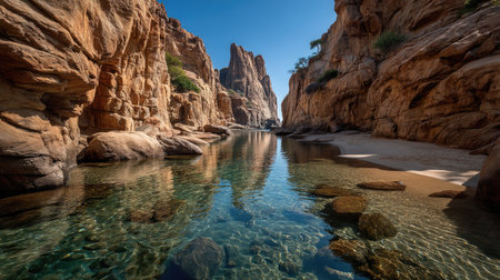 A small pool of water in the middle, sand on both sides and at one end, surrounded by cliffs, overlooking Angle. This is a real photography style, high-definition image quality, depicting a desert scene with an ultra-wide-angle lens perspective. --ar 16:9 --quality 2 --stylize 750 --v 7 Job ID: 2c6b10c9-63b1-4276-9977-7843bd884116の素材