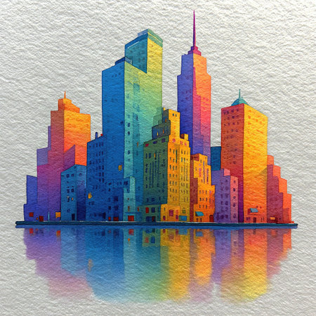 A watercolor skyline of modern skyscrapers in various shades of blue, purple, and pink against a white background, creating an abstract cityscape. --chaos 30 --stylize 750 --v 7 Job ID: ddde1c01-2b0c-4ce2-aab9-84e82012654bの素材