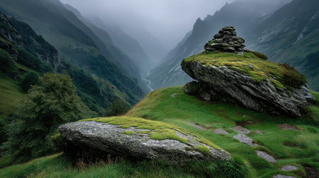 A small stone cairn atop the mountain, surrounded by fog and clouds, with green moss growing around it. In front lies an endless valley between two mountains, with cliffs stretching into misty peaks. The background features a deep, white sky, captured from above by a drone camera. This creates a mysterious atmosphere that emphasizes the scene's grandeur and tranquility. --ar 16:9 --quality 2 --stylize 750 --v 7 Job ID: 7fdefcfb-66c5-4184-8252-0539622f2b28の素材