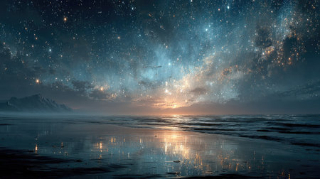A stunning starry sky background with deep blue tones, illuminating the vast ocean surface at night. The stars twinkle in shades of light and dark, creating an enchanting atmosphere that captures attention. A radiant glow shines on the water's edge below the horizon line, adding depth to the scene. This celestial backdrop is perfect for conveying awe-inspiring beauty or sci-fi elements. --ar 16:9 --quality 2 --stylize 750 --v 7 Job ID: 3a1f58ae-b13c-425d-94b8-b5eaa1758017の素材