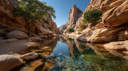 A small pool of water in the middle, sand on both sides and at one end, surrounded by cliffs, overlooking Angle. This is a real photography style, high-definition image quality, depicting a desert scene with an ultra-wide-angle lens perspective. --ar 16:9 --quality 2 --stylize 750 --v 7 Job ID: 2c6b10c9-63b1-4276-9977-7843bd884116の素材